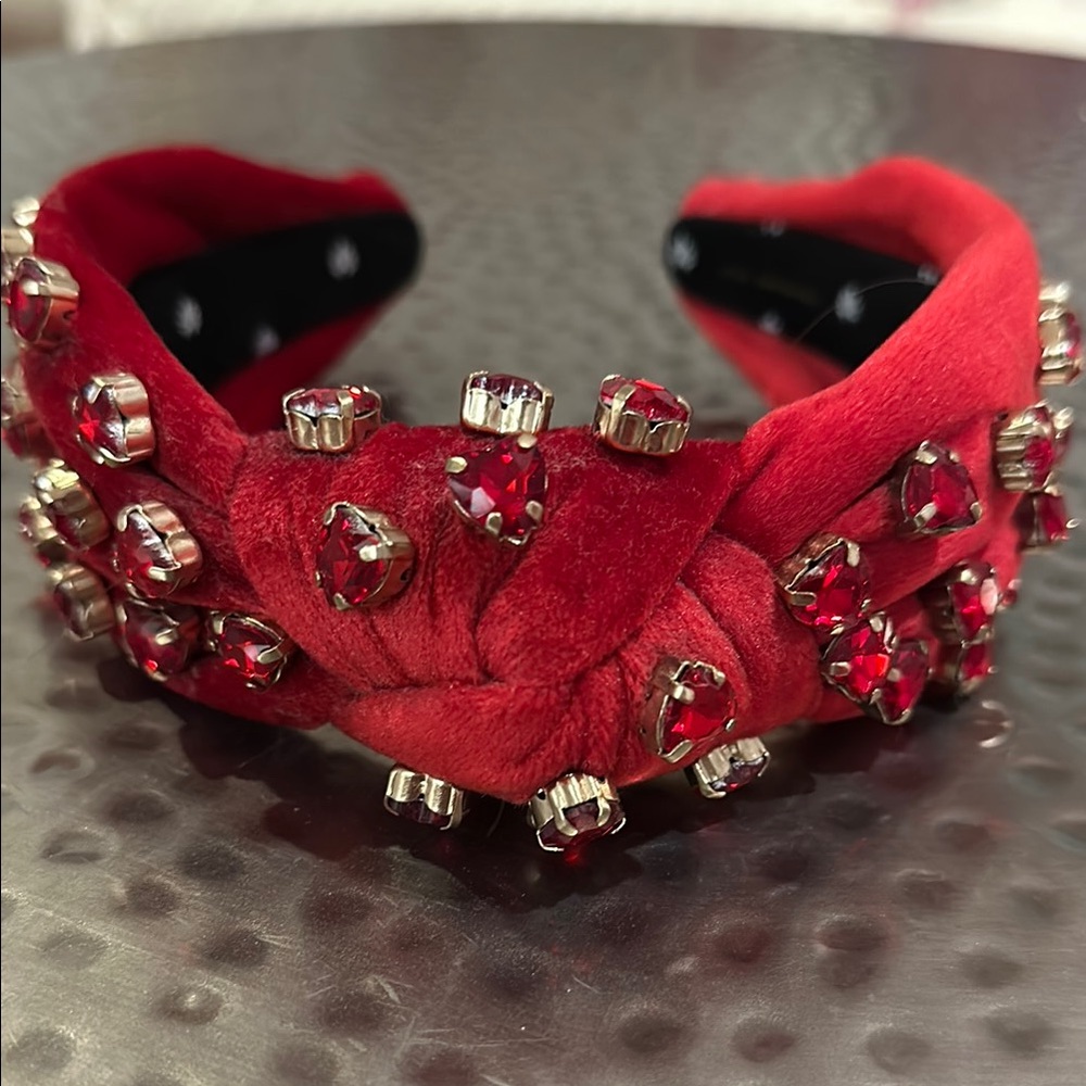 Chic Red Velvet Headband with red heart crystal Accents